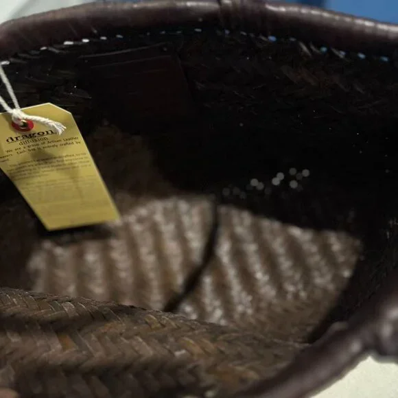 Dragon Diffusion Triple Jump Small Woven Leather Tote Dark Brown Basket Bag - Picture 10 of 11